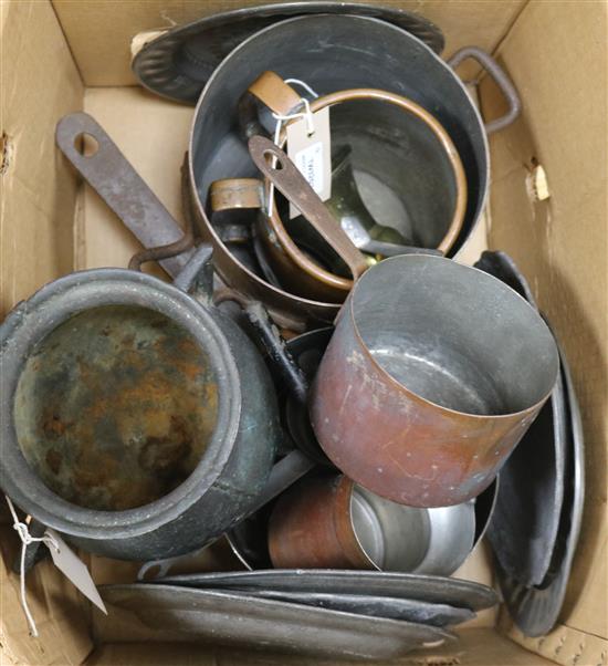 Sundry metalware, including copper pots and pans, pewter plates, an iron cooking pot, etc.